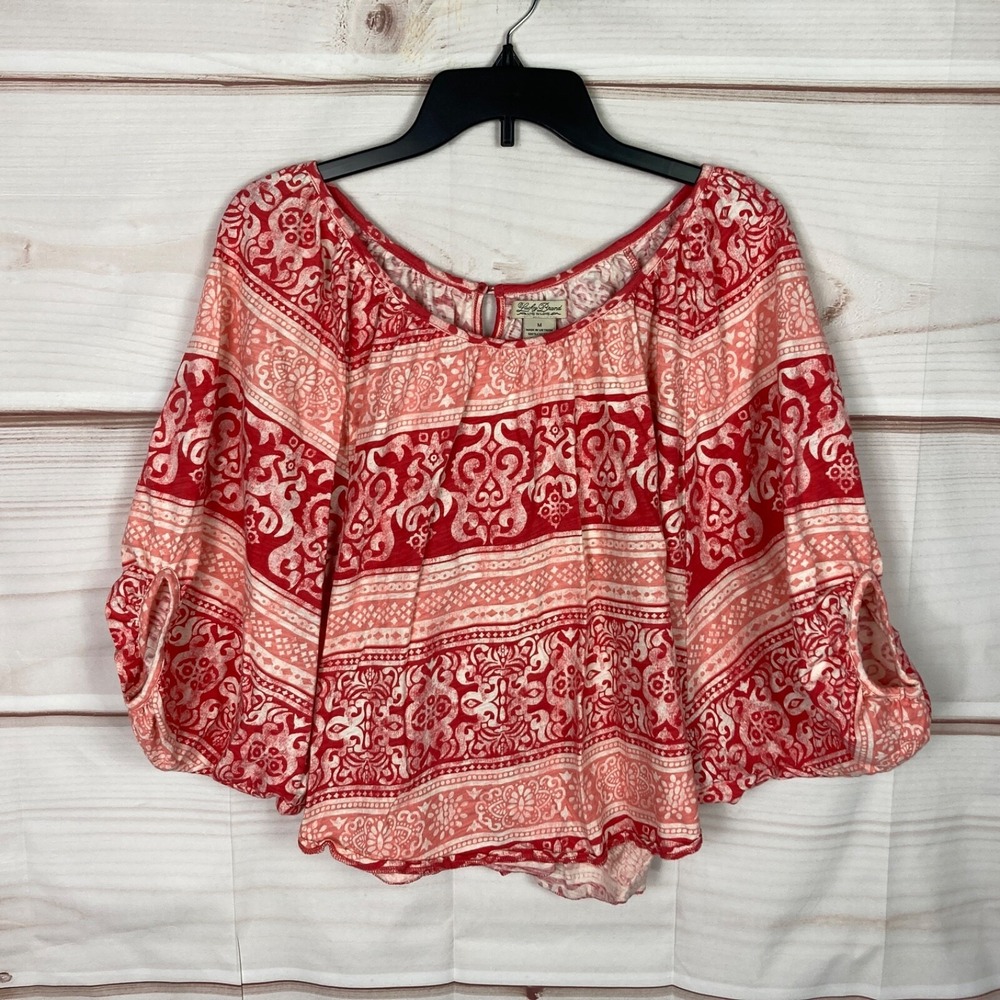 Lucky Brand Top Womens M Pink Scroll Poncho Blouse Scoop Neck Cotton Pullover